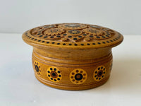 Small Round Carved Wooden Box with inlay