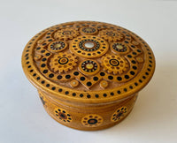 Small Round Carved Wooden Box with inlay