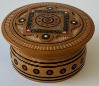 Small Round Wooden Box with inlay and carving