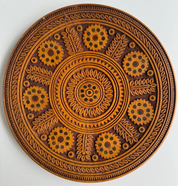 Wooden Plate "Sunflowers" with Inlay, carving