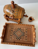 Carved Wooden Barrel Set with inlay (tray, barrel, cup)