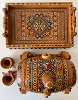 Carved Wooden Inlaid Barrel Set (tray, barrel, two cups)