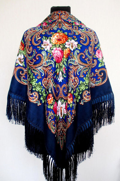 Shades of Blue Floral Shawl 47 in.