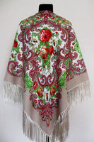 Creamy White & Brown  Floral Silky Shawl 55 in.