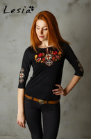 Ladies ¾ sleeve Forest Song shirt gold on black