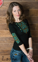 Ladies ¾ sleeve Hutsulka shirt turquoise on black