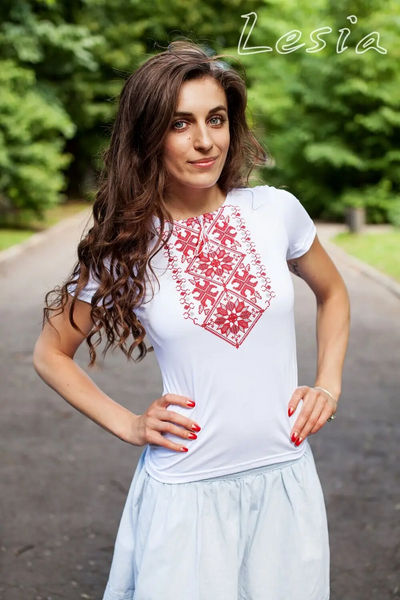 Ladies Podolianka embroidered shirt – red on white