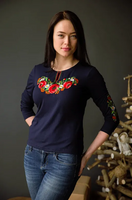 Ladies ¾ sleeve Poppy Blossom shirt on blue