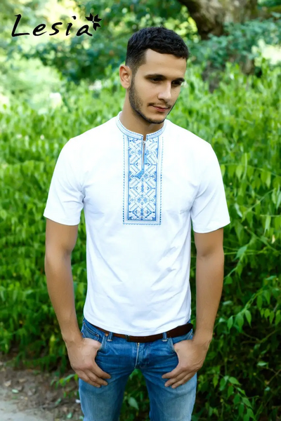 Men's embroidered light blue on white Karpatska shirt