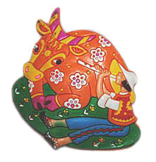 Sopilka Player with Colorful Cow - magnet