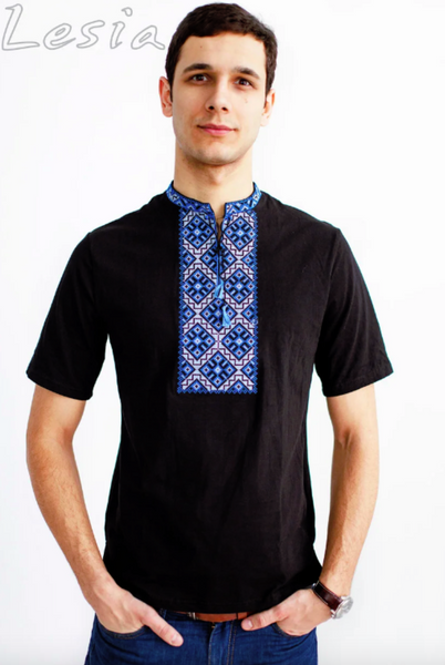 Men's embroidered blue on black Karpatska shirt
