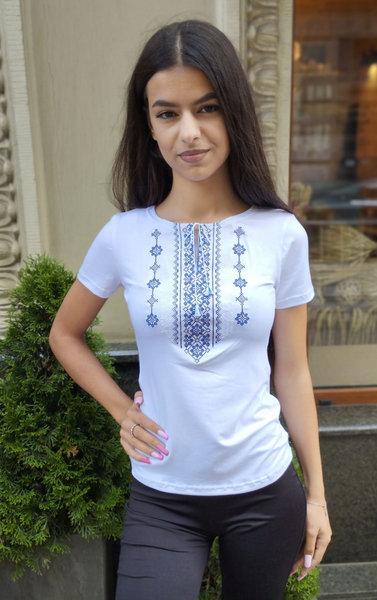 Ladies Ornament embroidered shirt – blue on white