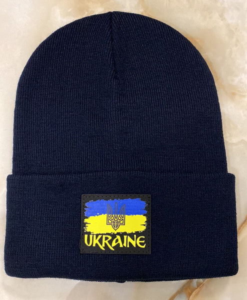 Navy Knit Hat with Flag and Ukrajina
