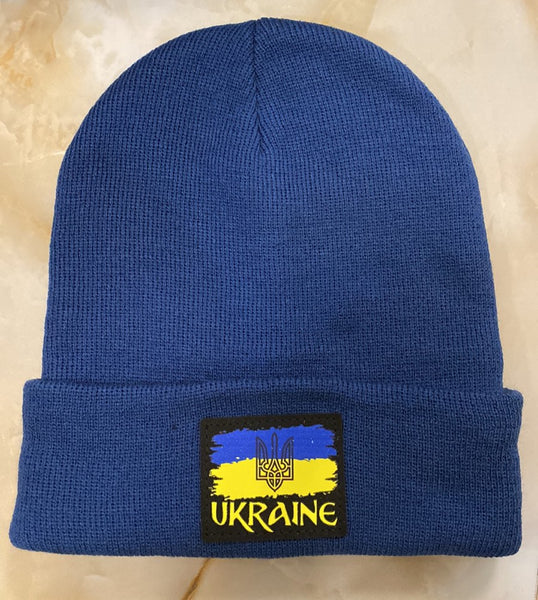 Royal Blue Knit Hat with Flag and Ukrajina