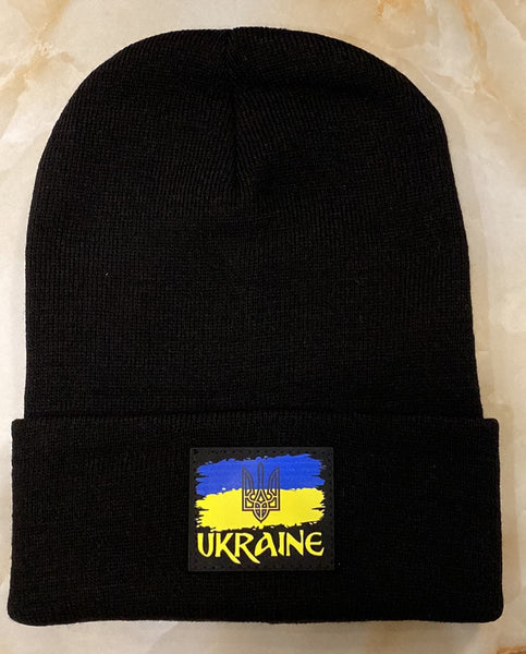Black Knit Hat with Flag and Ukrajina