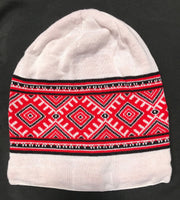 White Knit Hat with Embroidery Design red/black