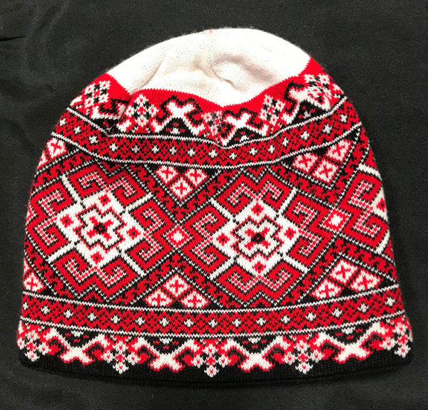 Knit Hat with Embroidery Design in red-black