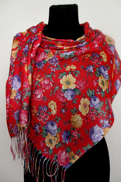 Red Floral Shawl 71x28