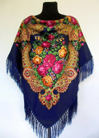 Navy Floral Wool Shawl 55 in.