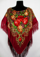 Burgundy Floral Wool-Blend Shawl 48 in.