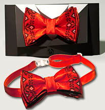 Bow Tie - Red with Black & White Embroidery