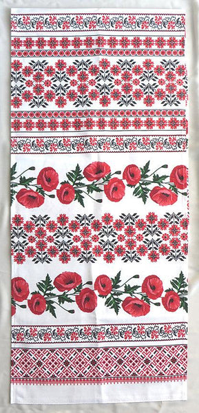 Long Red and Black Poppies Embroidered Design Kitchen Towel 16"x58"