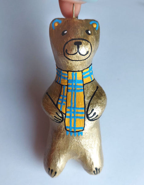 Golden Bear with Blue-Yellow Scarf - Ornament